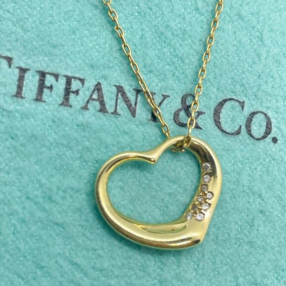 Tiffany & Co. Peretti 18K Gold Diamond 15mm Open Heart Pendant Necklace 18" - Picture 3 of 13